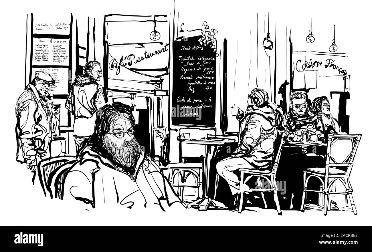 Le café-restaurant traditionnel parisien à Paris, France - vector illustration (idéal pour l'impression sur tissu ou papier, affiche ou papier peint, chambre decorat Illustration de Vecteur