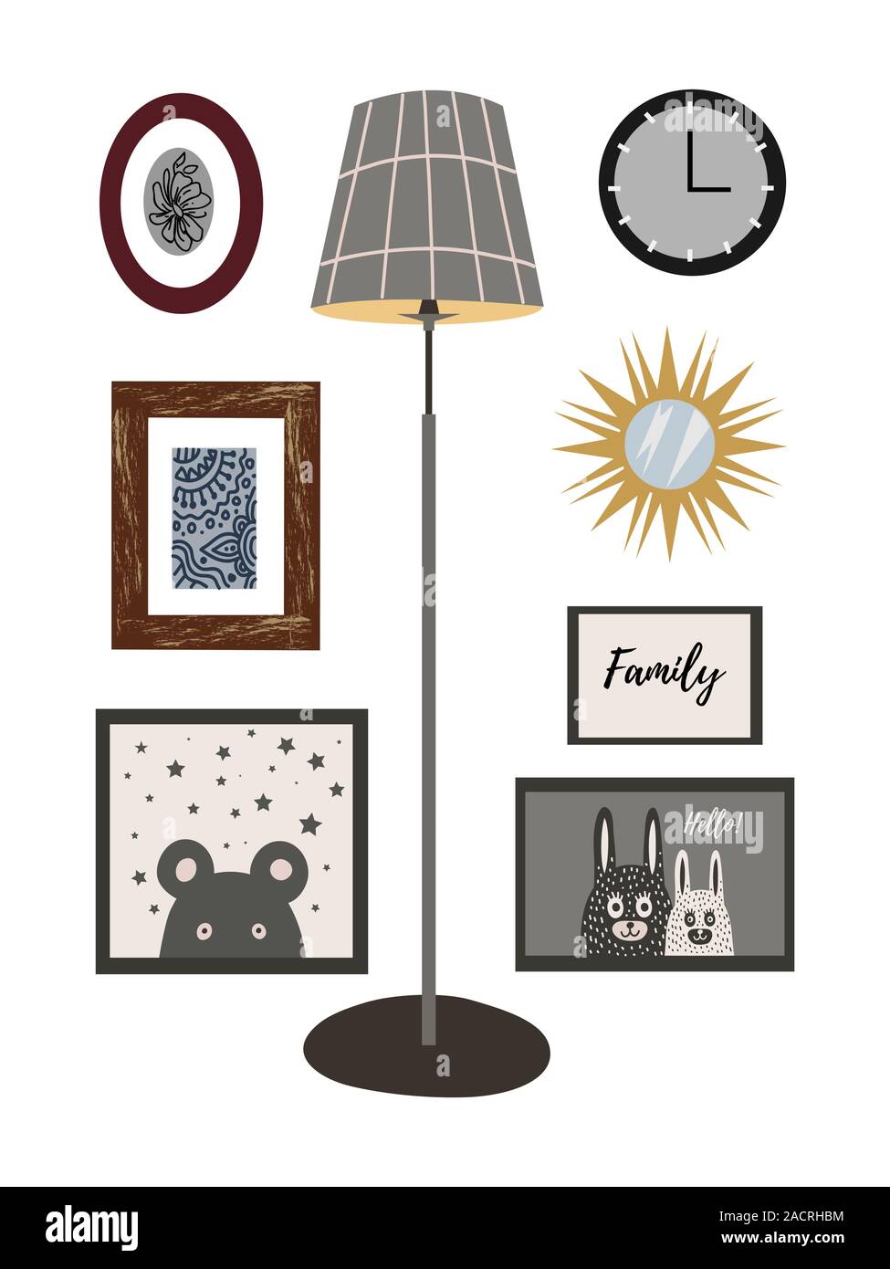 Un ensemble d'articles de décor mural pour l'intérieur : des peintures, des affiches, des montres, un miroir et une lampe de plancher. Vector Illustration de Vecteur