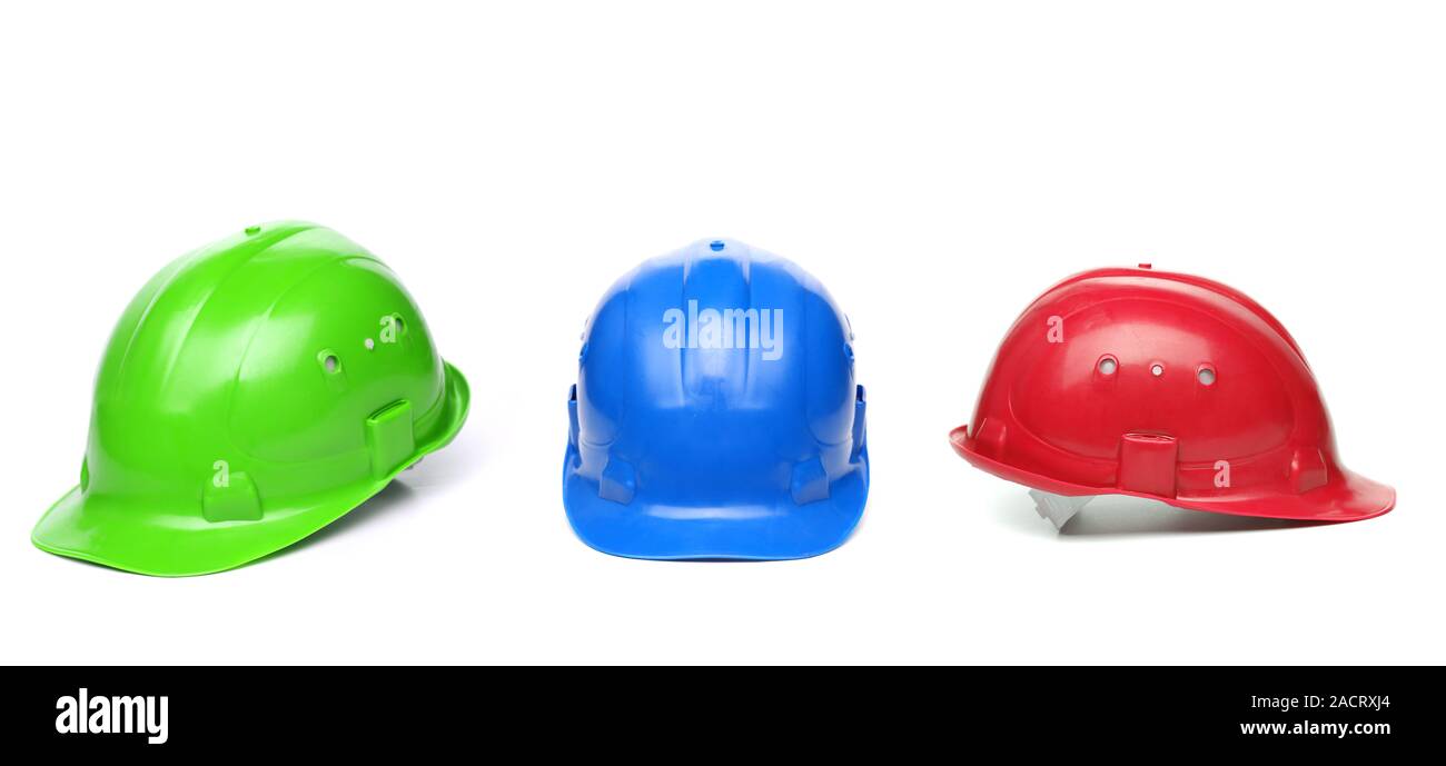 Bleu, vert, rouge hard hats Banque D'Images