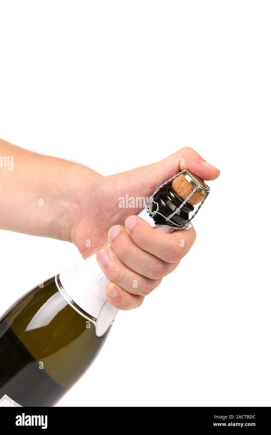La main avec bouteille de champagne isolated Banque D'Images