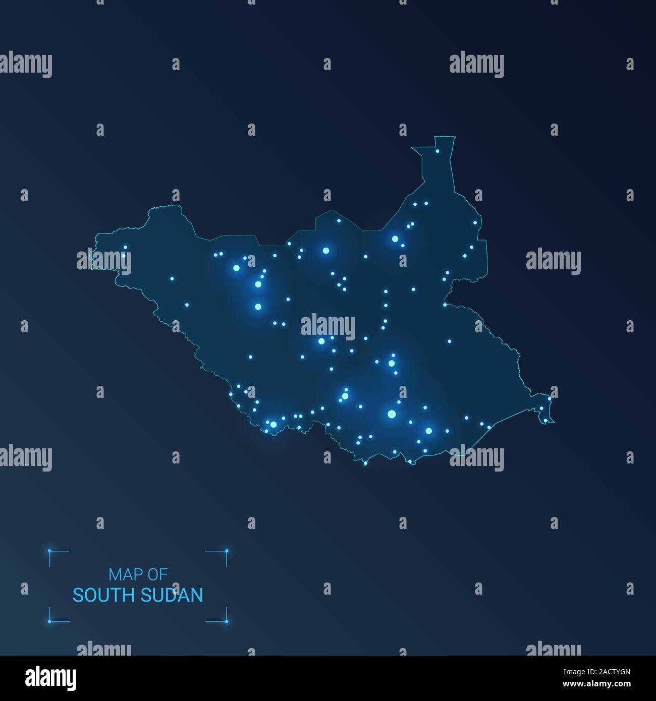 Carte avec les villes du Soudan du Sud. Points lumineux - néons sur fond sombre. Vector illustration. Illustration de Vecteur