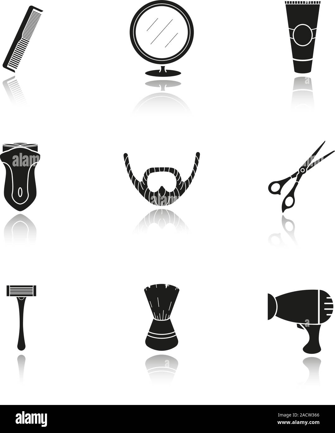 Accessoires de rasage noir ombre portée icons set. Matériel de coiffure.  Peigne, miroir, tube, après-rasage, rasoir, rasoir électrique, ciseaux, le  rasage de la barbe Image Vectorielle Stock - Alamy
