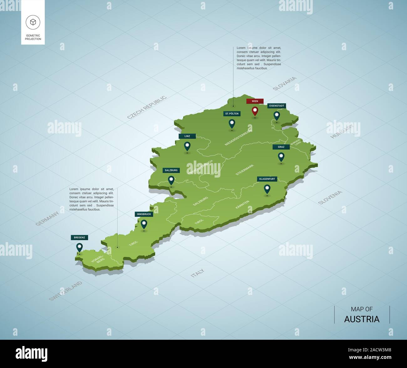 Carte stylisée de l'Autriche. 3D isométrique carte verte avec les villes, les frontières, la capitale vienne, régions. Vector illustration. Couches modifiables clairement étiquetés. E Illustration de Vecteur