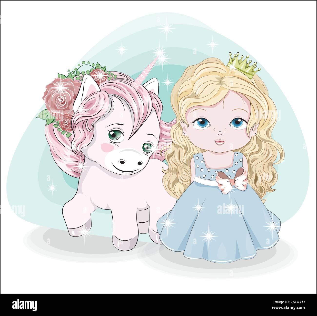Bebe Petite Princesse Avec De Longs Cheveux Blonds Couronne En Bleu Robe Boule Et Mignon Unicorn Photo Dans Le Style De Dessin A La Main Pour L Accueil Joyeux Anniversaire Ca Image Vectorielle