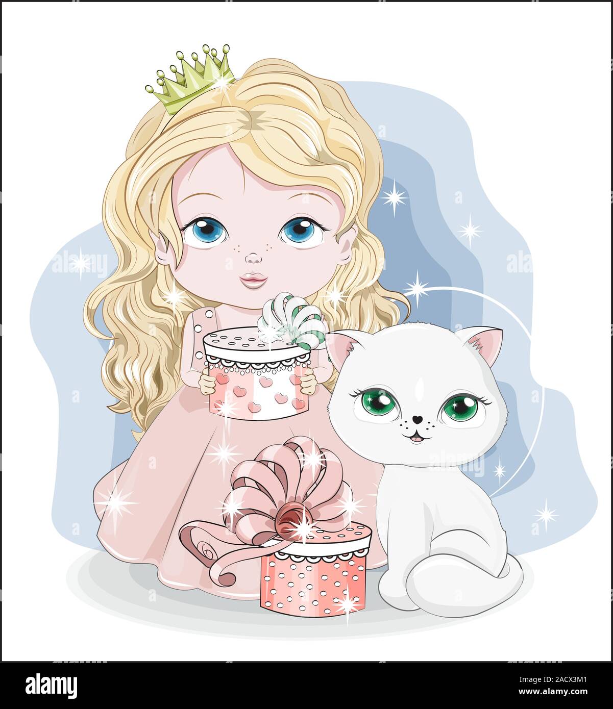 Princesse Bebe Avec Couronne Et Cute White Cat Kitten Avec Boite Cadeau Photo En Dessin A La Main Style Cartoon Pour T Shirt Porter Print Design Heureux Image Vectorielle Stock Alamy
