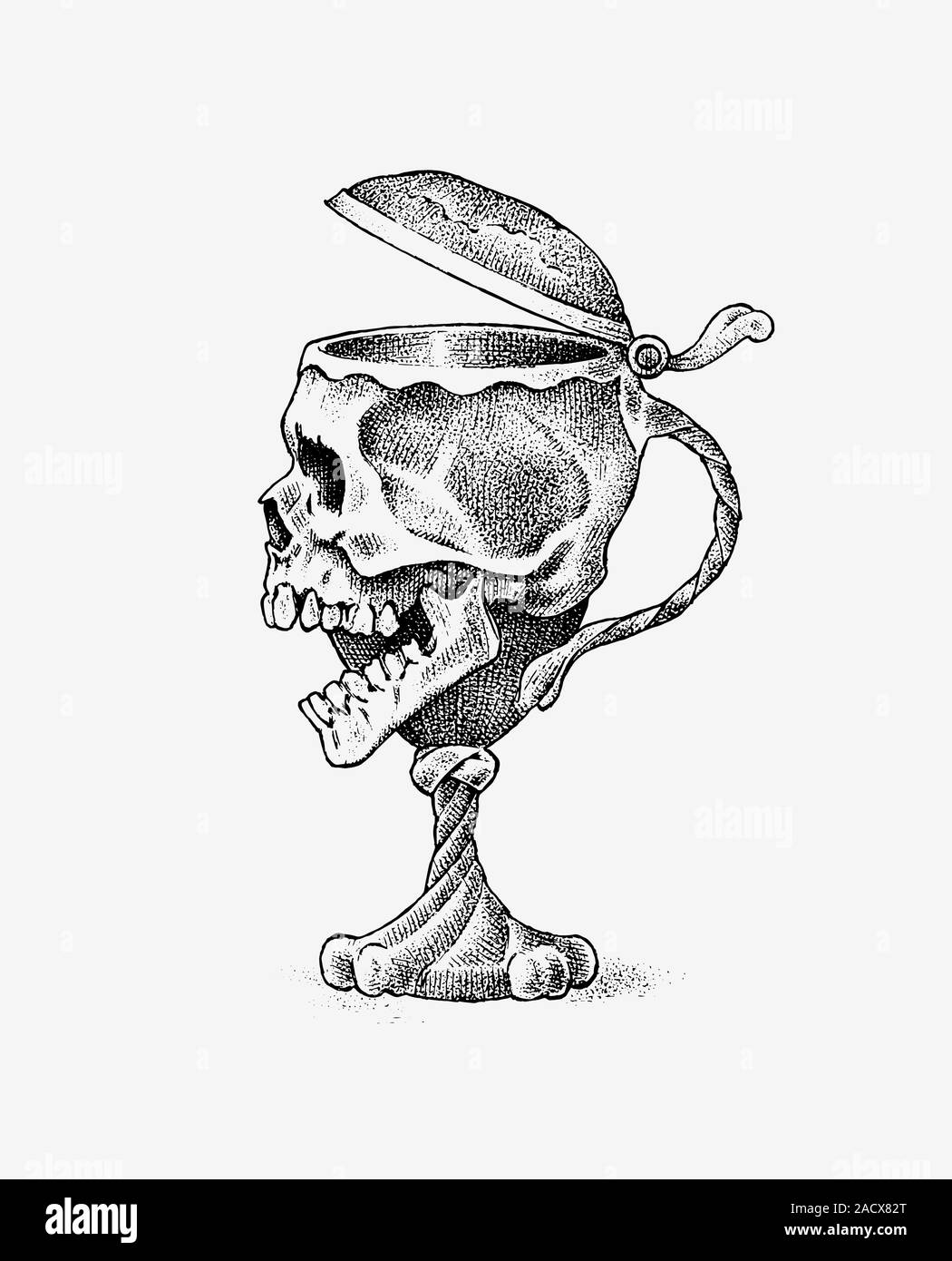 Crâne humain sous la forme d'un gobelet de vin. Retro old school esquisse pour tatouage dans un style vintage. Symbole monochrome. Gravé à la main pour badge rétro Illustration de Vecteur
