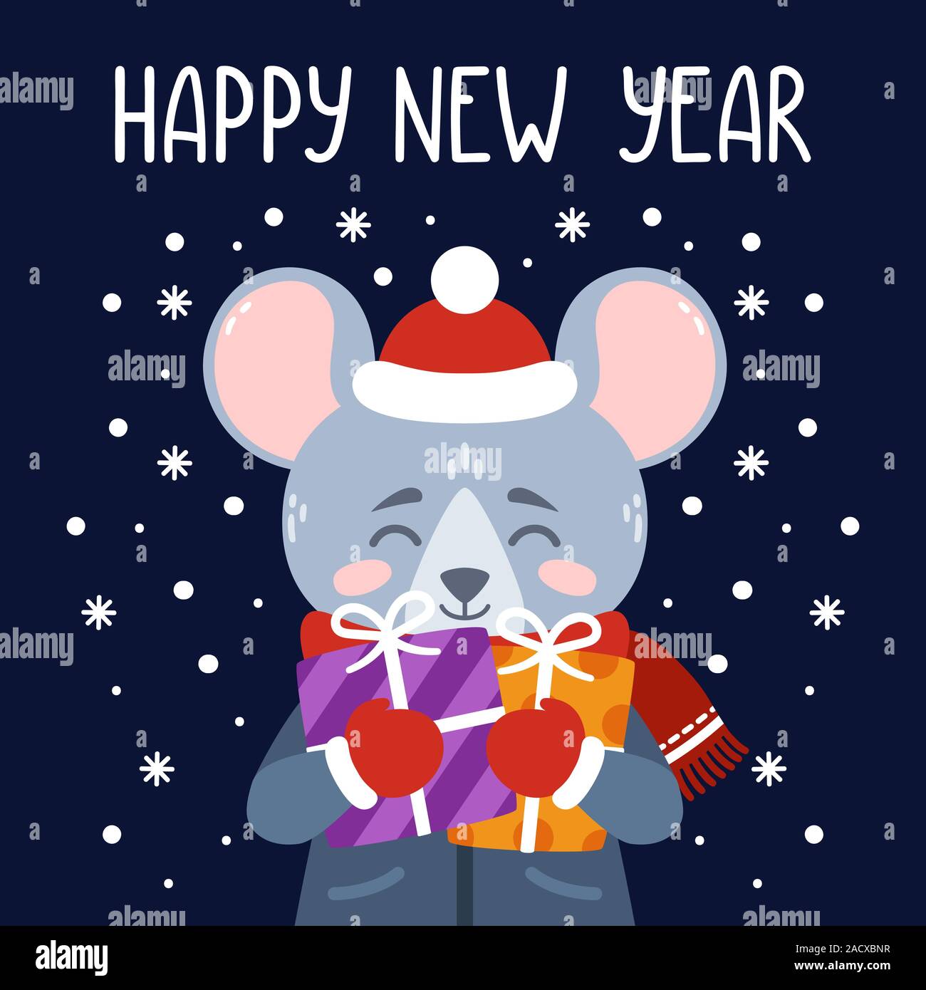 Le rat est titulaire d'étrennes. Le symbole du Nouvel An chinois 2020. Carte de souhaits avec une souris pour la nouvelle année. Vector illustration avec mignon ch Illustration de Vecteur