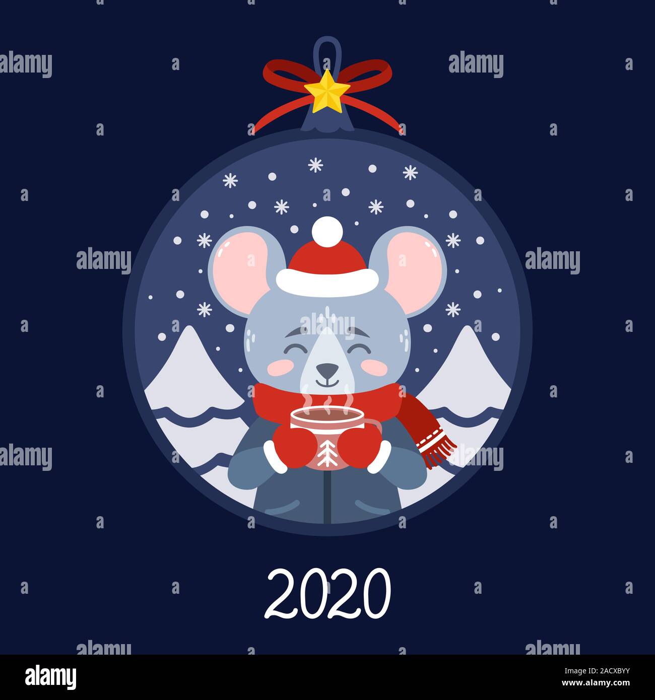 Boule de Noël avec l'image de rat avec une tasse de thé. En hiver, la souris de l'usure avec un cacao debout dans la neige. Carte de souhaits pour la nouvelle année et Christm Illustration de Vecteur