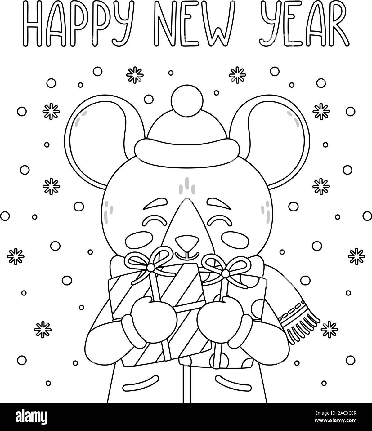 Le rat organise une nouvelle année don. Le symbole du Nouvel An chinois 2020. Carte de souhaits avec une souris pour la nouvelle année. Vector illustration avec mignon chara Illustration de Vecteur