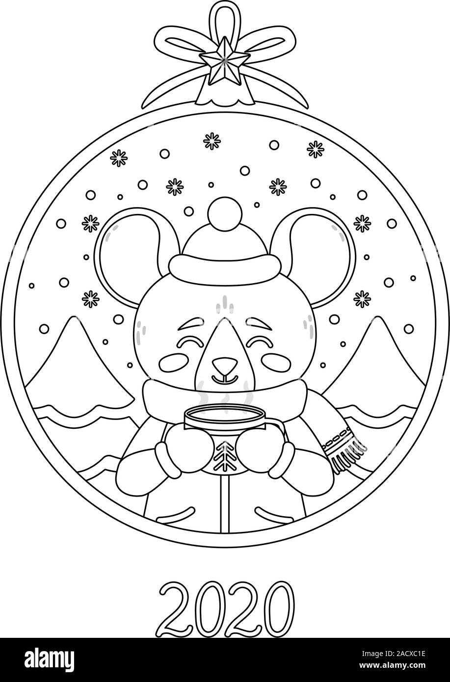 Boule de Noël avec l'image de rat avec une tasse de thé. En hiver, la souris de l'usure avec un cacao debout dans la neige. Carte de souhaits pour la nouvelle année et de Noël. V Illustration de Vecteur