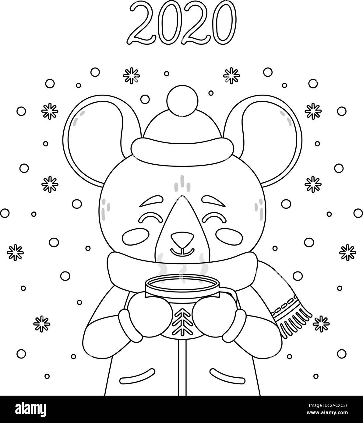 Le rat avec une tasse de thé en hiver d'usure. Souris avec un cacao debout dans la neige. Le symbole du Nouvel An chinois 2020. Carte de souhaits avec une souris pour Illustration de Vecteur
