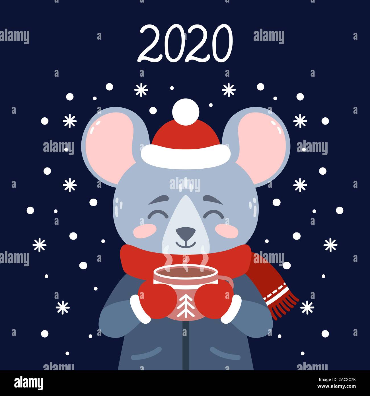 Le rat avec une tasse de thé en hiver d'usure. Souris avec un cacao debout dans la neige. Le symbole du Nouvel An chinois 2020. Carte de souhaits avec une souris pour Illustration de Vecteur