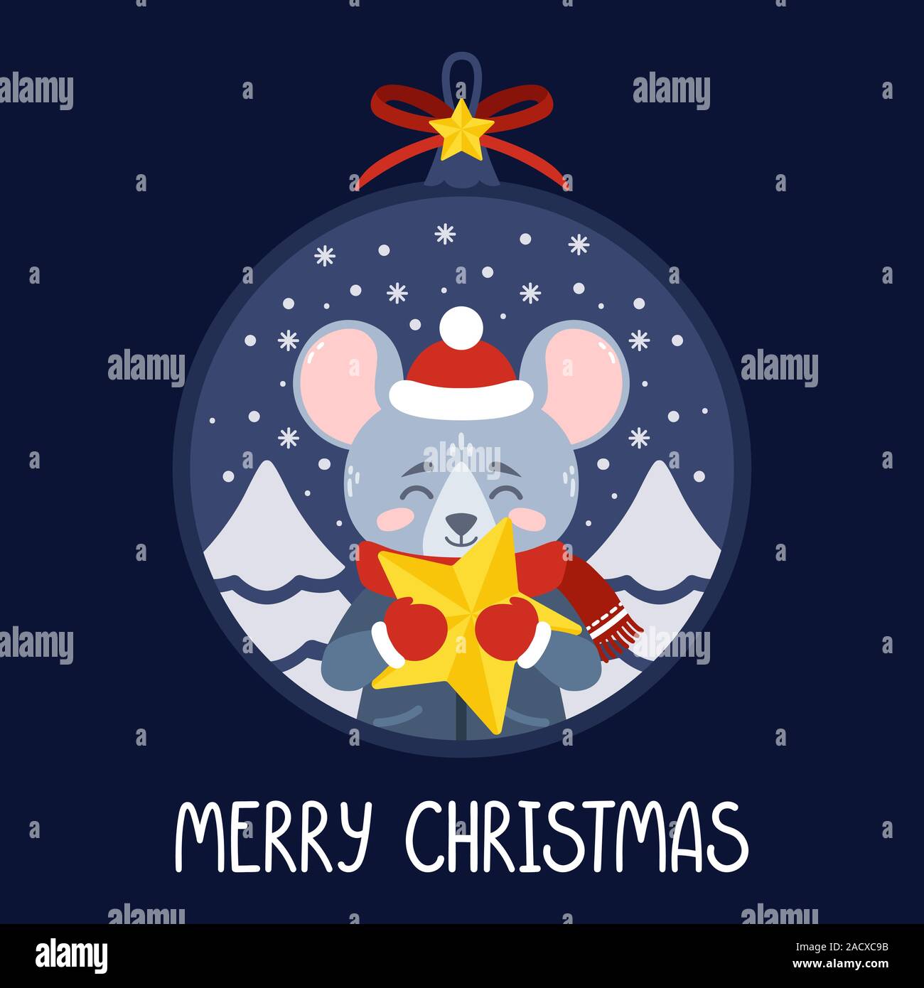 Boule de Noël avec l'image de rat tenant une étoile jaune. Le symbole du Nouvel An chinois 2020. Carte de souhaits avec une souris pour la nouvelle année et C Illustration de Vecteur
