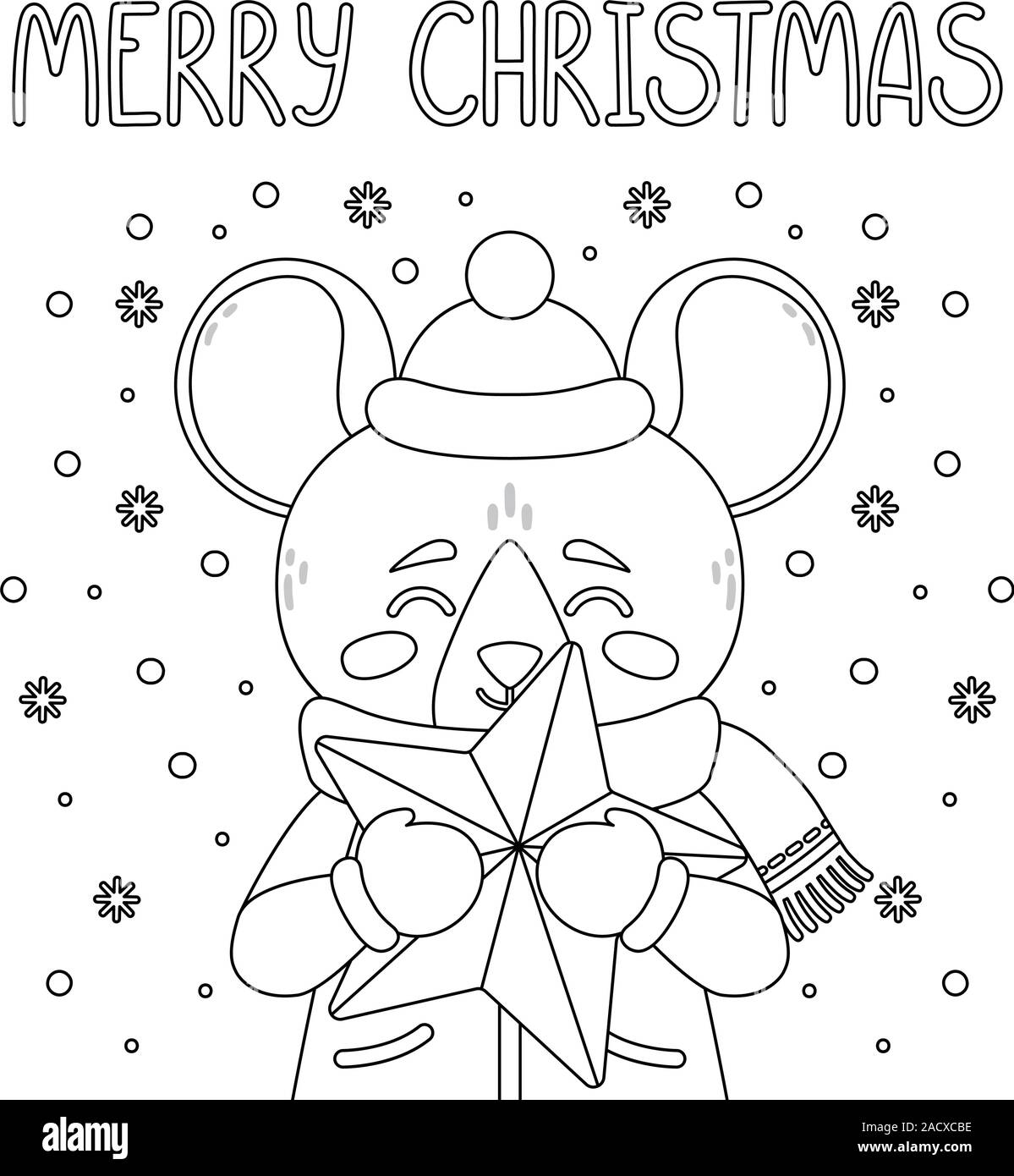 Le rat avec une étoile. Carte de souhaits avec une souris pour la Noël. Vector illustration d'objets de caractère. Joyeux Noël à la main devis lettrage Illustration de Vecteur