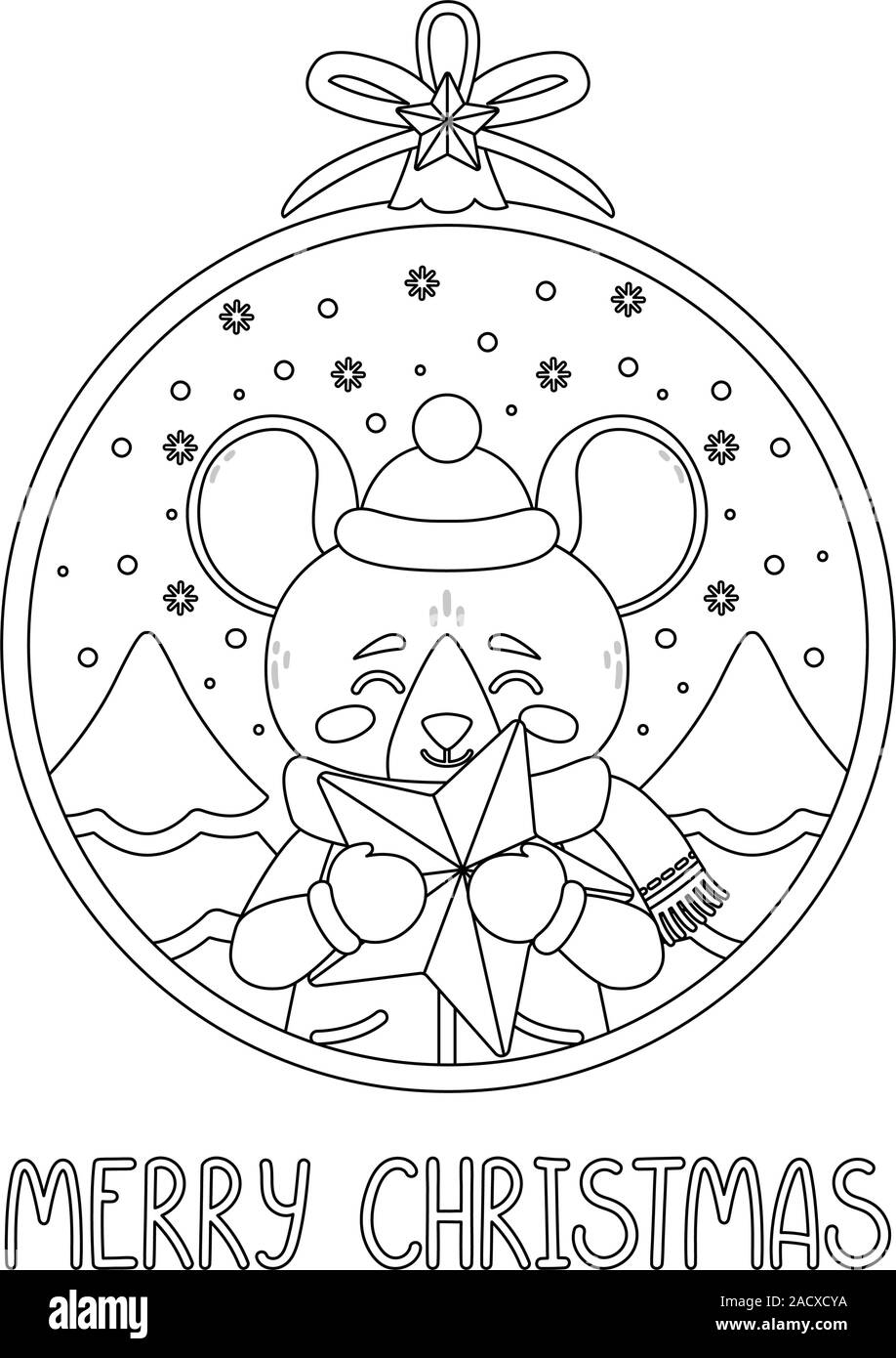 Boule de Noël avec l'image de la tenue d'un rat star. Le symbole du Nouvel An chinois 2020. Carte de souhaits avec une souris pour la nouvelle année et Christma Illustration de Vecteur