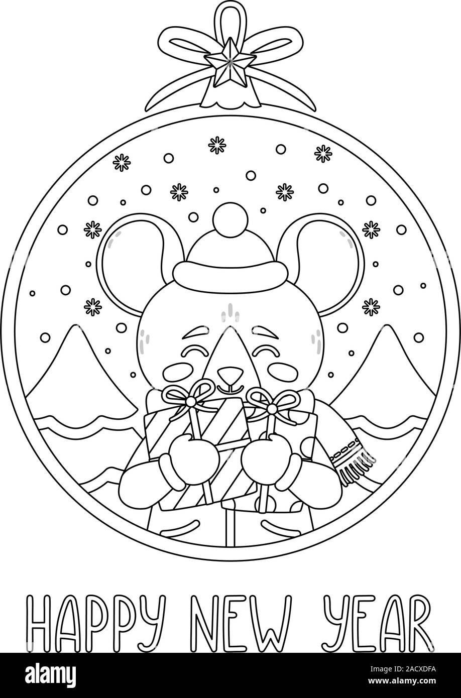 Boule de Noël avec l'image de rat holding gifts. Carte de souhaits avec une souris pour le Nouvel An et de Noël. Vector illustration. Style scandinave Illustration de Vecteur