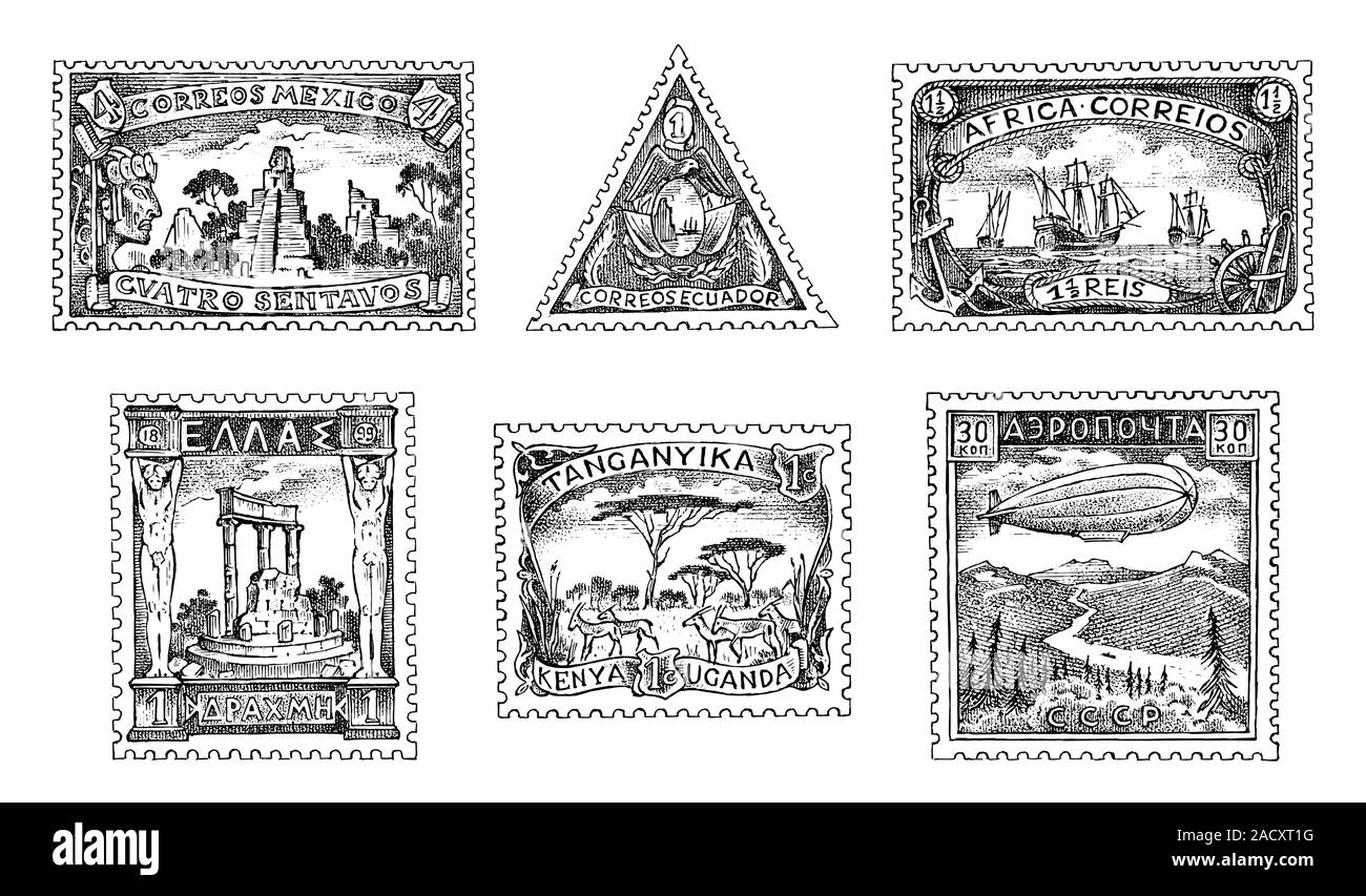 Vintage timbres-set. Paysages antiques, dragon et voilier. Retro old esquisse. Carte postale monochrome. Gravé à la main, marque rétro frames Illustration de Vecteur