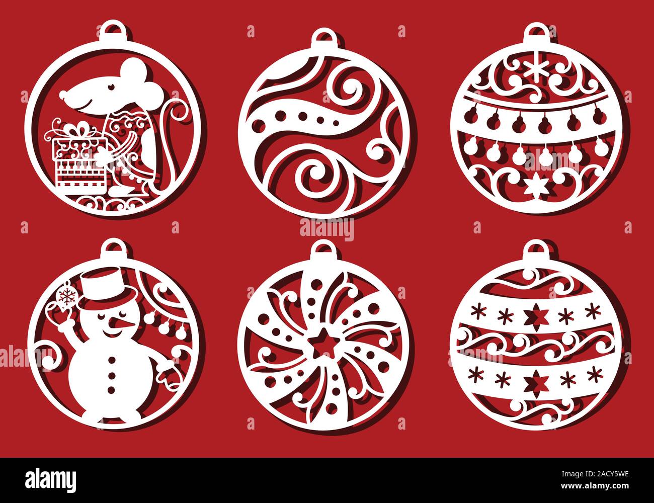 Boule de Noël ensemble. Rat, bonhomme de neige en boule de noël pour cuttinng au laser. Simple dessin ornemental monochrome Illustration de Vecteur