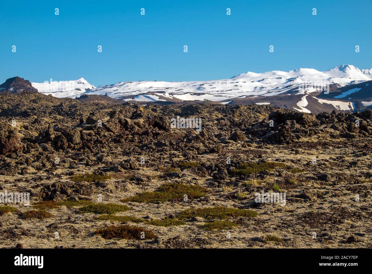 Champ de lave et les montagnes enneigées à la péninsule de Snæfellsnes en Islande Banque D'Images