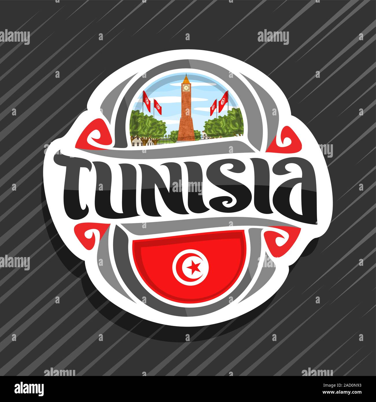 Logo Vector pour la Tunisie, pays aimant frigo avec l'Etat tunisien d'origine, pavillon de caractère brosse pour mot la Tunisie et tunisiens - symbole national Illustration de Vecteur