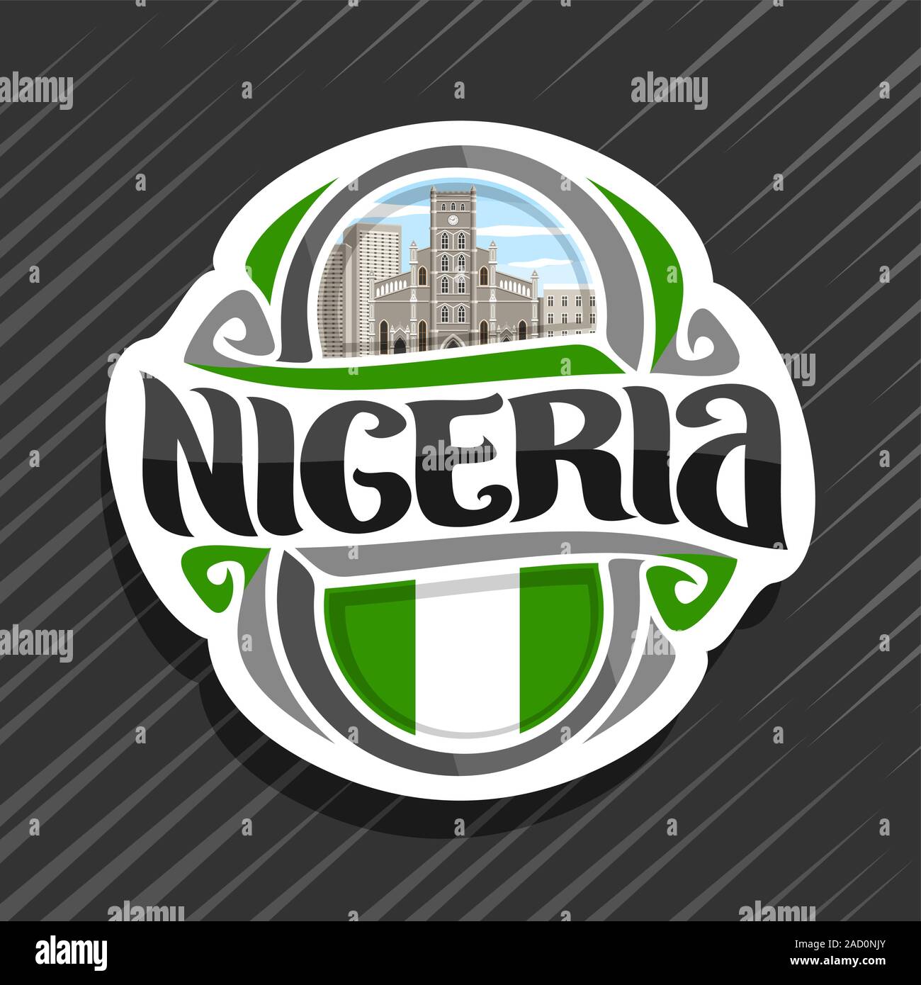 Logo vector pour le Nigeria, pays aimant frigo avec drapeau nigérian d'origine, caractère brosse pour mot le Nigeria et national symbole nigérian - cathédrale c Illustration de Vecteur