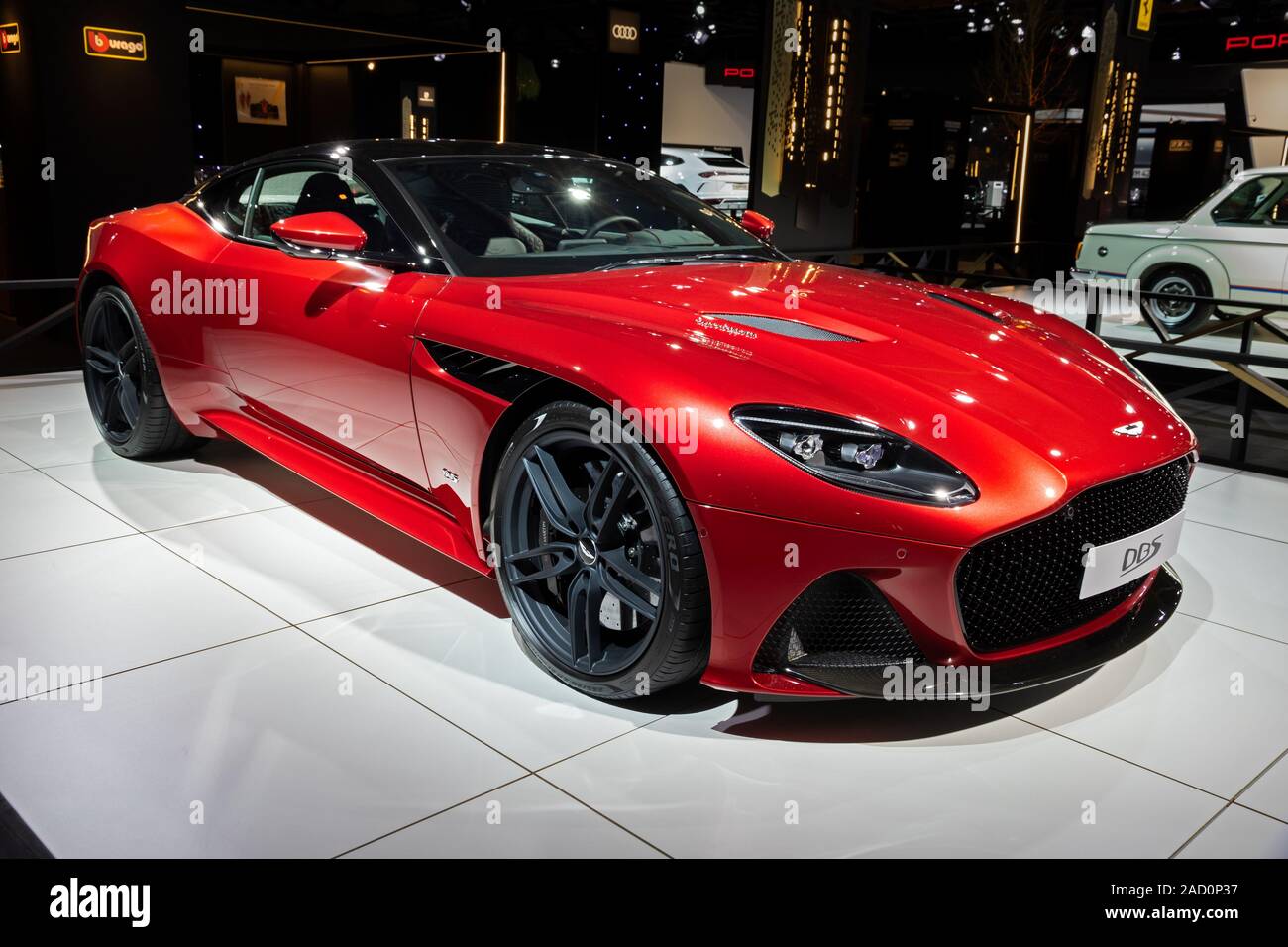 Bruxelles - Jan 18, 2019 : Aston Martin DBS Voiture de sport Superleggera en vedette à l'Autosalon 2019 Bruxelles Salon de l'automobile. Banque D'Images