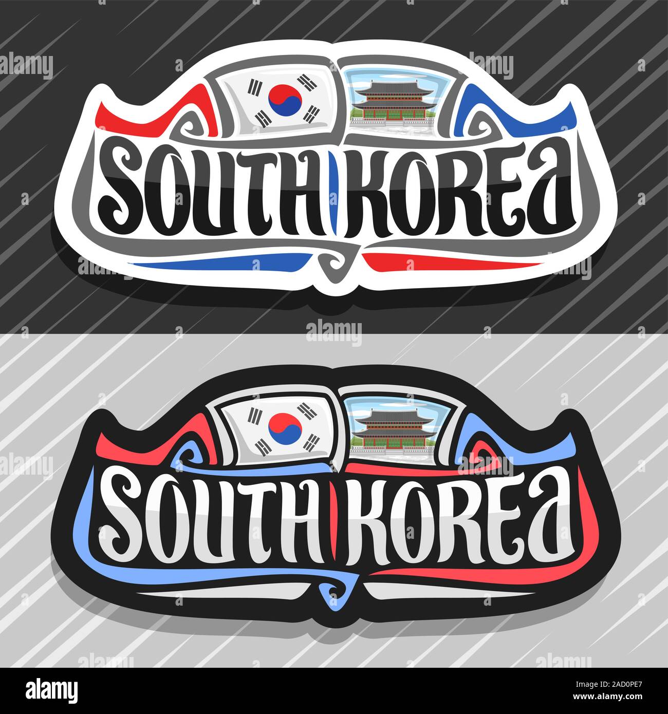 Logo Vector pour Corée du pays, aimant frigo avec drapeau coréen, brosse d'origine des mots typographiques et de la Corée du sud coréen Gyeong - symbole national Illustration de Vecteur