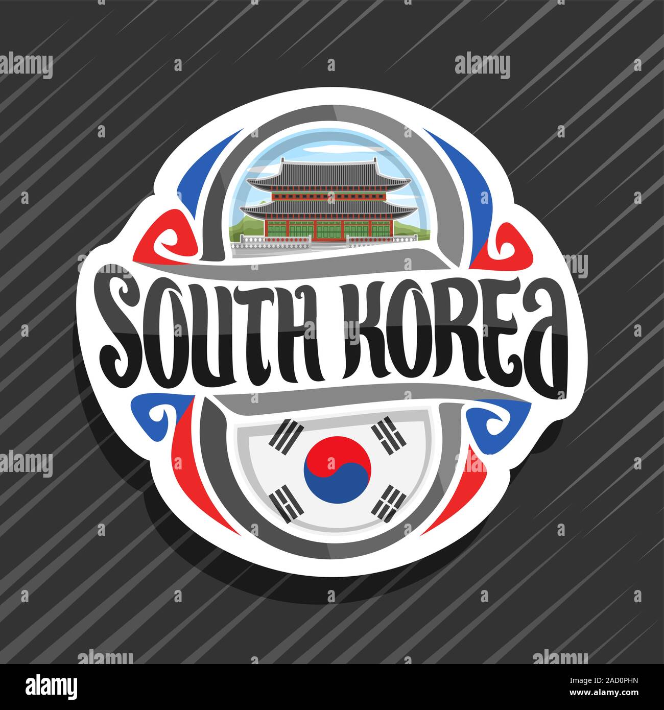 Logo Vector pour Corée du pays, aimant frigo avec drapeau coréen, brosse d'origine des mots typographiques et de la Corée du sud coréen Gyeong - symbole national Illustration de Vecteur