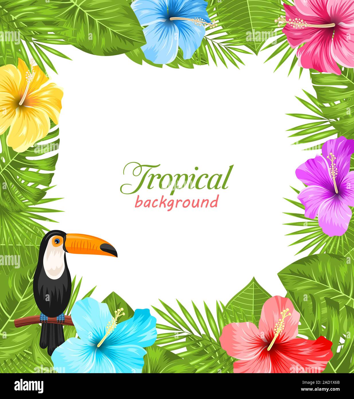 Contexte tropical avec Toucan Oiseau, fleurs d'Hibiscus colorés Banque D'Images