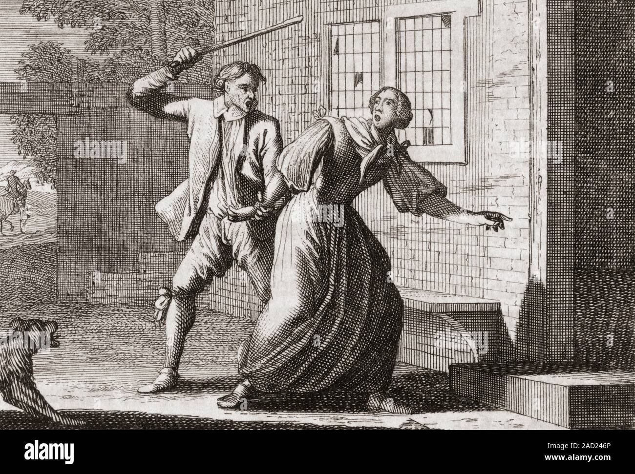 L'homme de battre une femme. Après une 18e siècle imprimer par Caspar Luyken. Banque D'Images