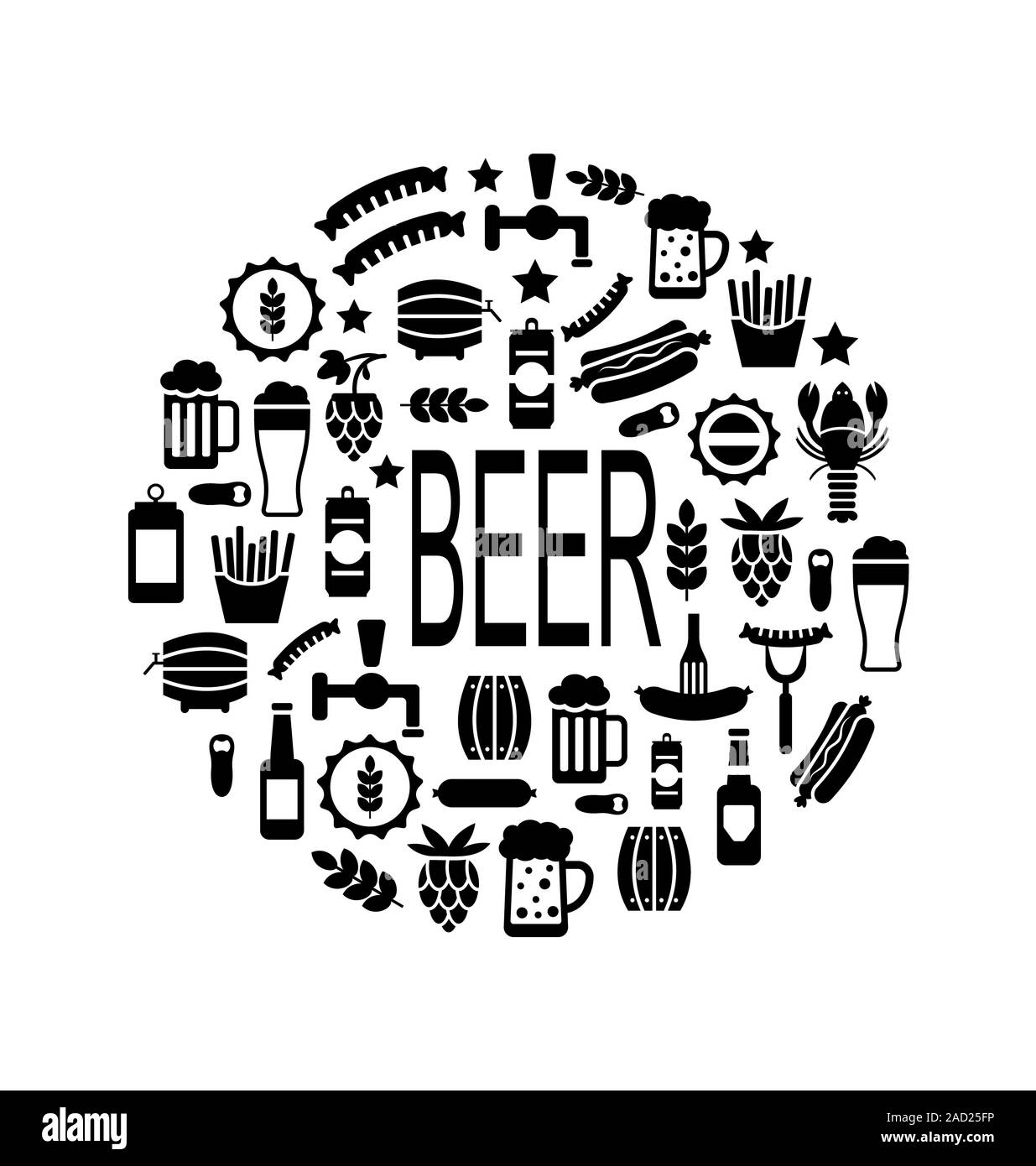 Icônes noires de la bière et des collations Banque D'Images