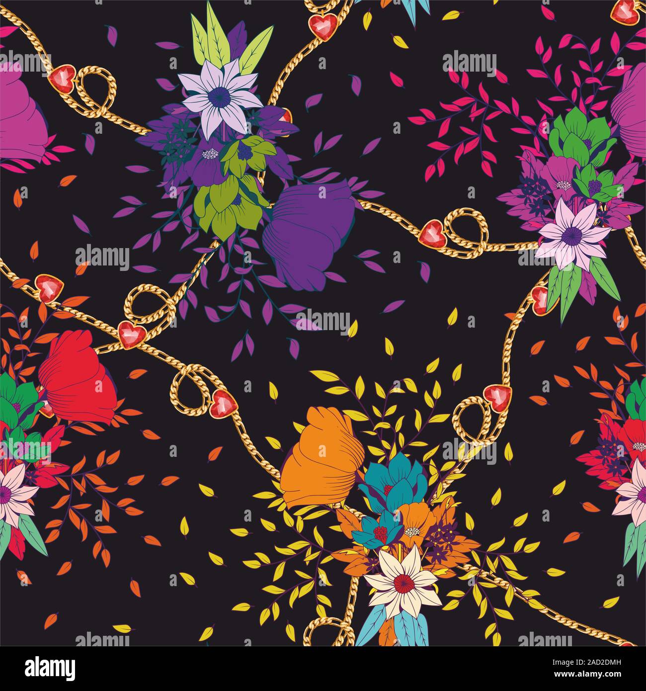 Cute fleurs colorées avec des coeurs et des chaînes d'or sur fond noir. - Vector Illustration de Vecteur