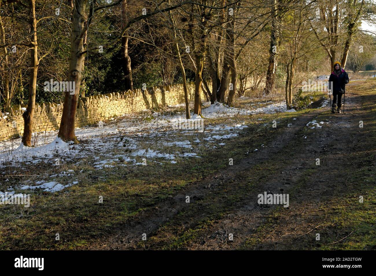 Le Cotswold Way femme marche dans la neige Banque D'Images