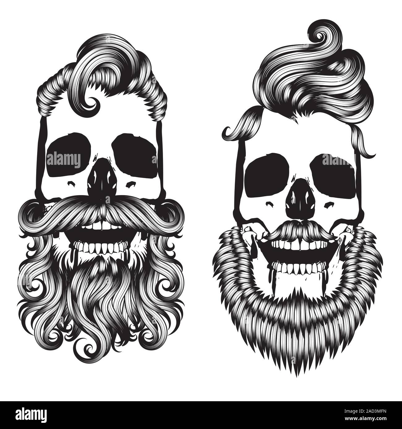 Crâne barbu avec hipster coiffure pour hommes en noir et blanc. Illustration de Vecteur