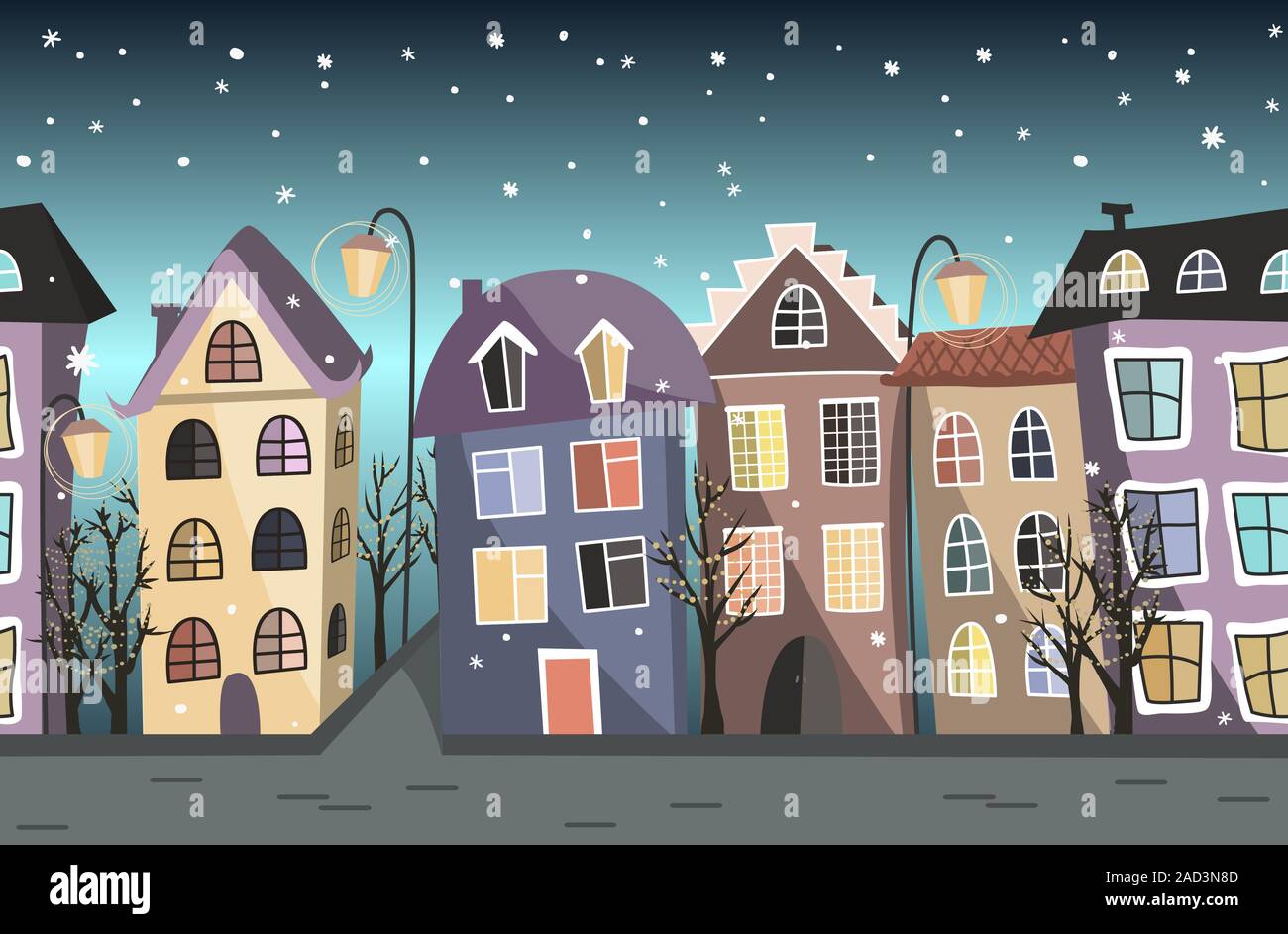 Hiver sans frontière avec cute maisons et arbres. Fond vecteur de Noël Illustration de Vecteur