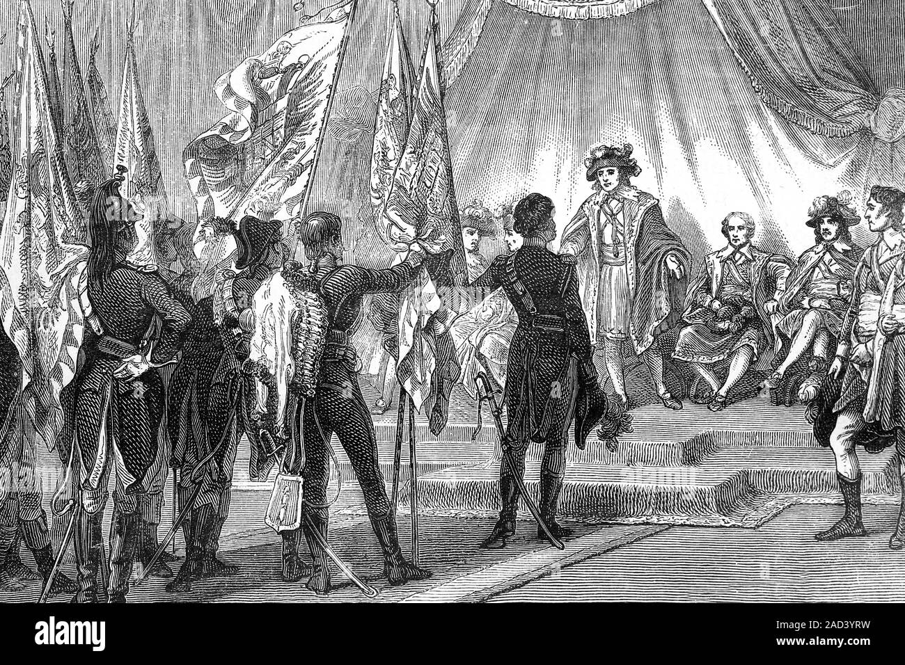 Murat présente dans le répertoire les drapeaux conquis par l'armée d'Italie. Illustration d'antiquités. 1890. Banque D'Images