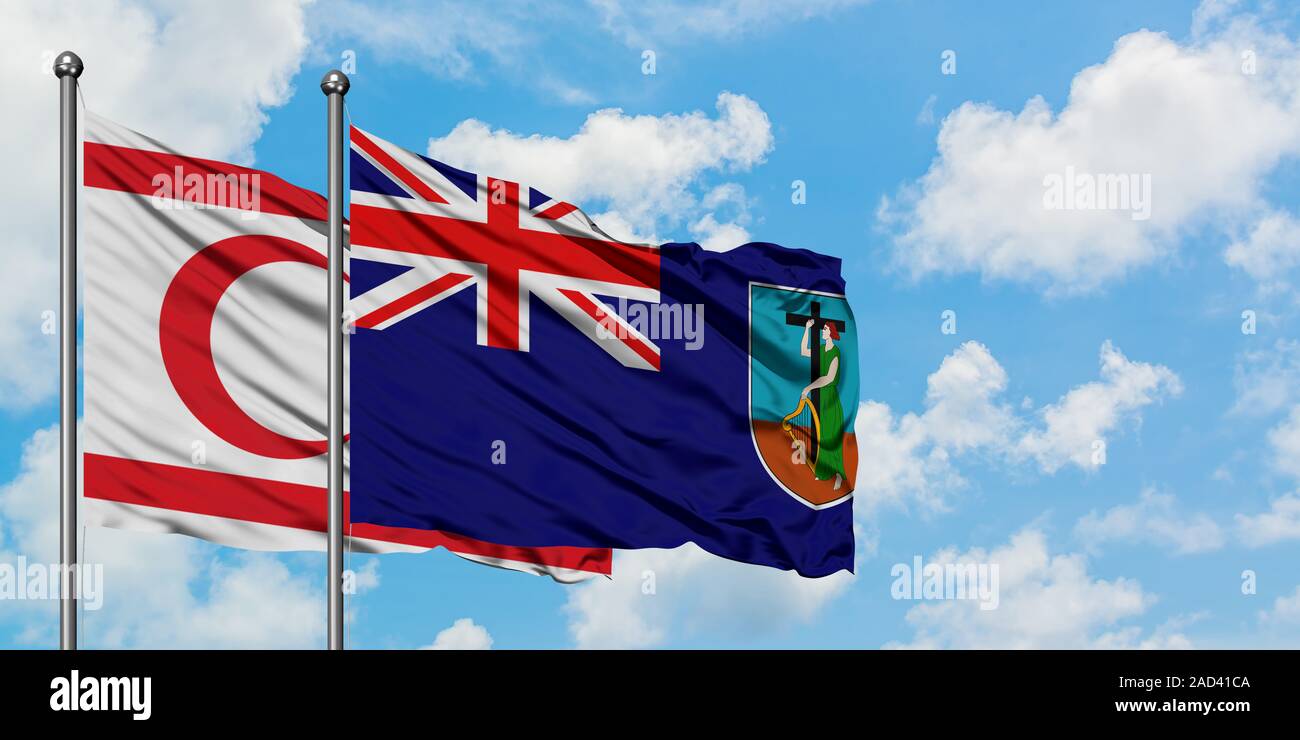 Le nord de Chypre et Montserrat drapeaux dans le vent contre ciel bleu nuageux blanc ensemble. Concept de diplomatie, de relations internationales. Banque D'Images