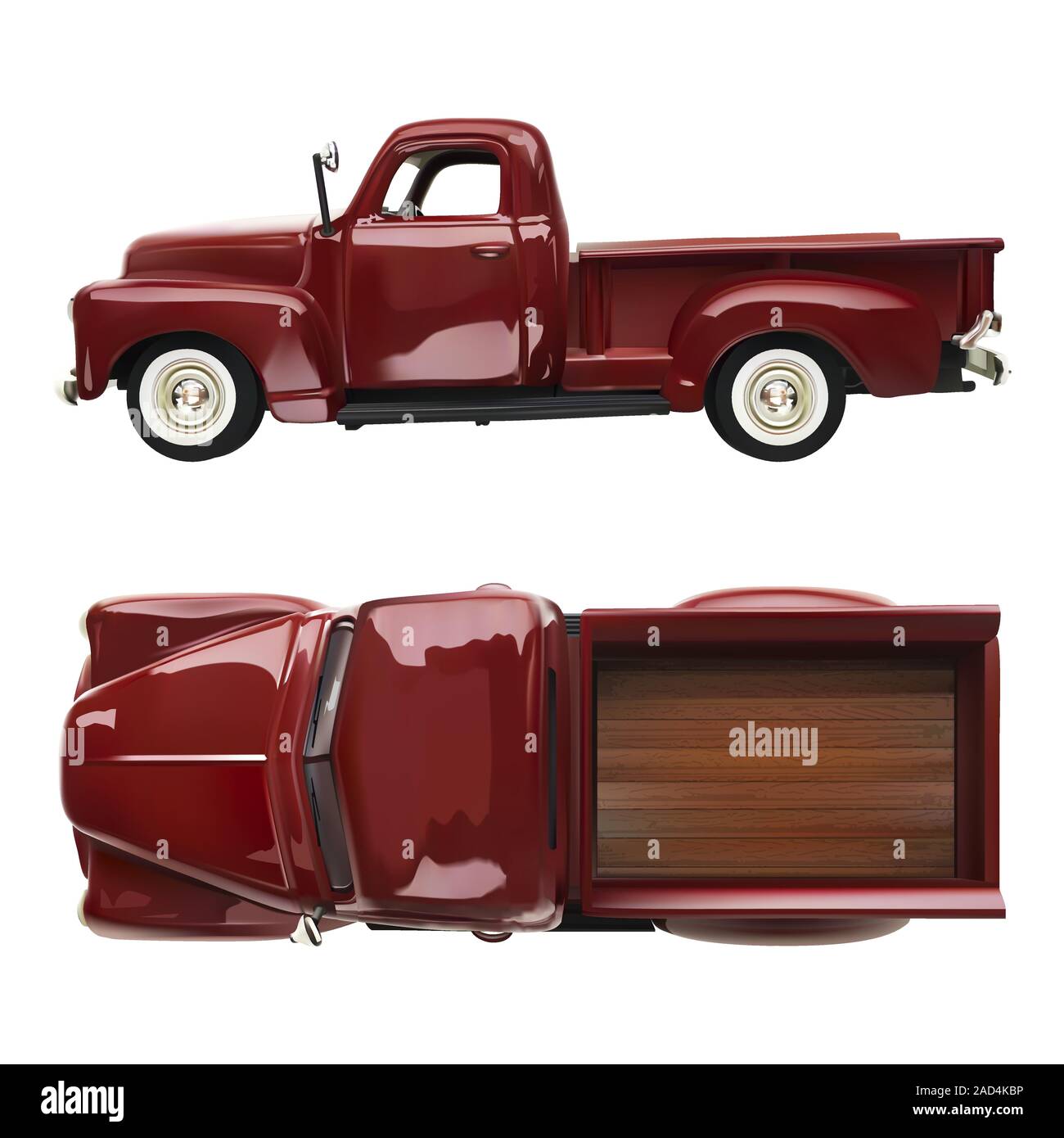 Old vintage classic red truck ramassage vector illustration réaliste on white background isolé vue latérale et de dessus. Illustration de Vecteur