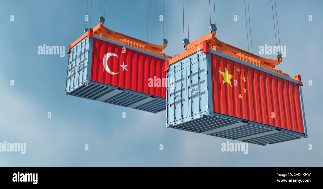 Deux conteneurs de fret avec la Turquie et la Chine drapeau. Le Rendu 3D Banque D'Images