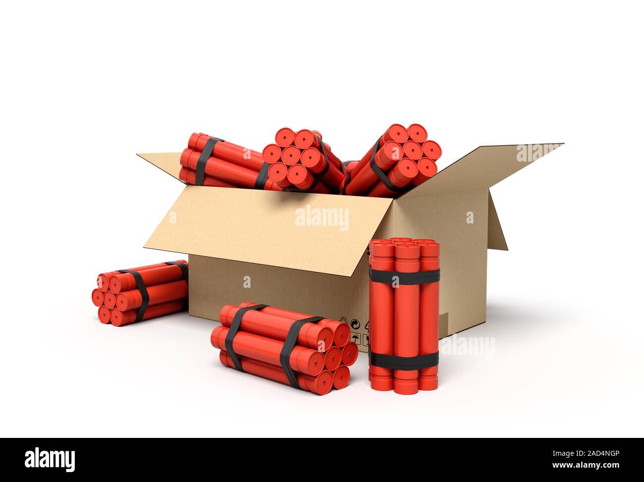 Le rendu 3D de tnt bâtons de dynamite dans un emballage en carton.  Fournitures d'explosifs. Cargaison dangereuse. Le traçage d'une attaque  terroriste Photo Stock - Alamy