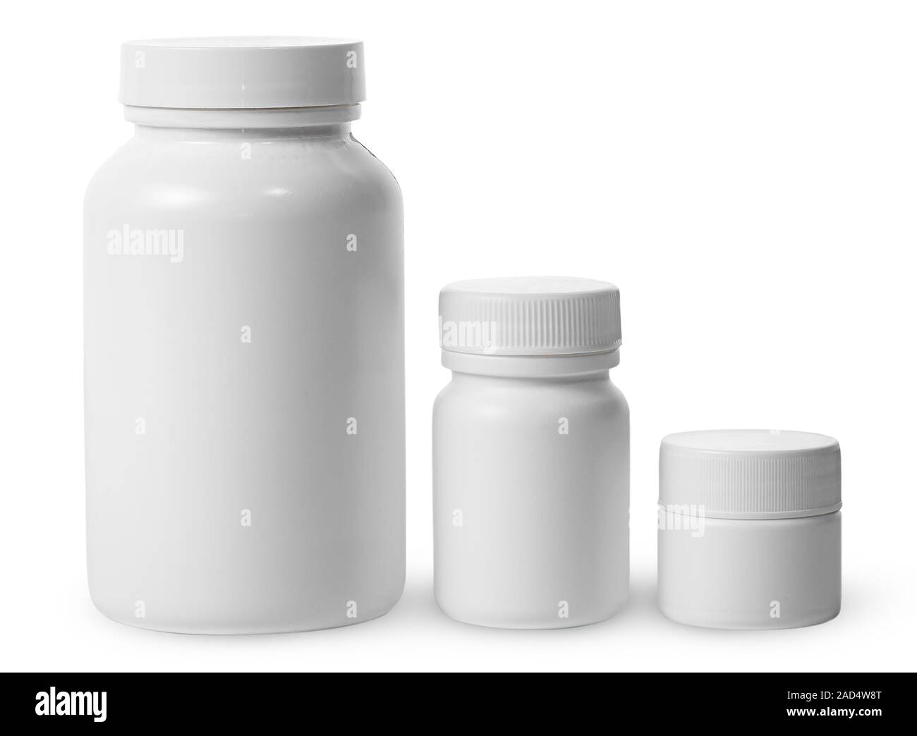 Pots en plastique de différentes tailles pour les médicaments Banque D'Images