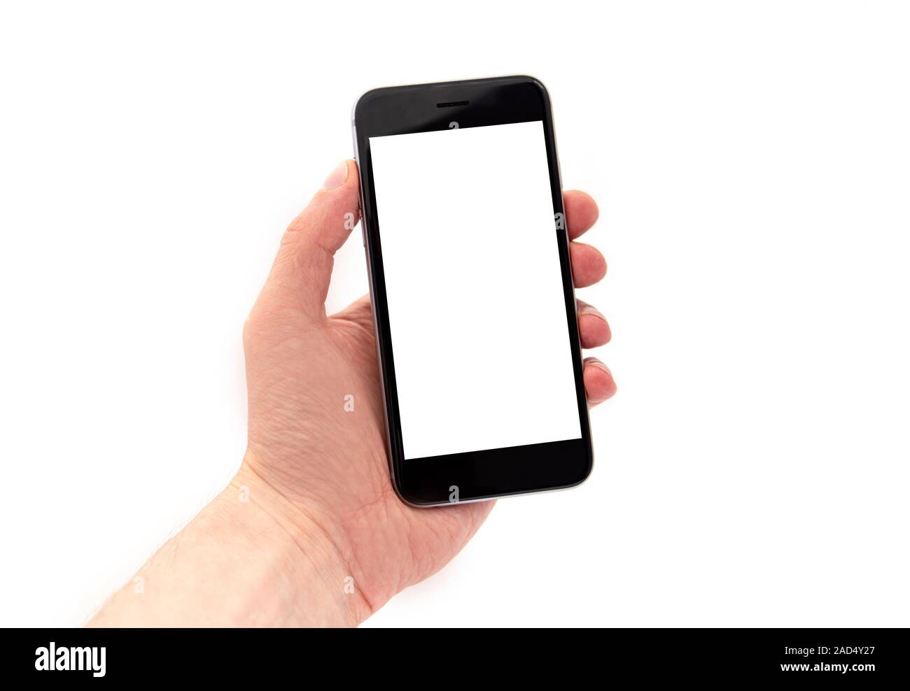 Man Holding Black Mobile Phone, Main tenant Smart Phone avec affichage blanc isolé sur fond blanc Banque D'Images