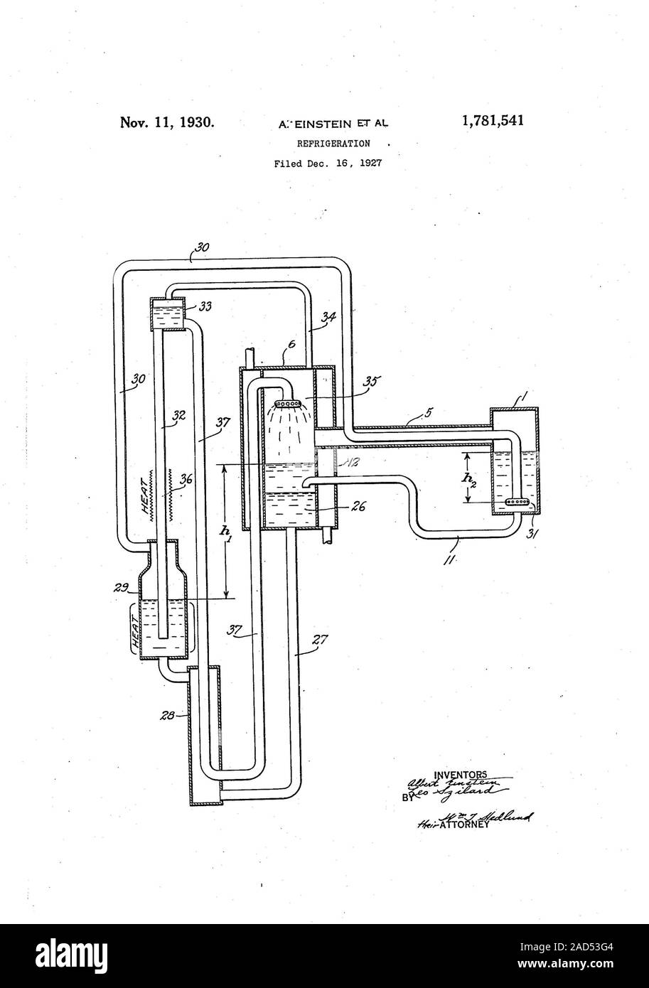 Einstein-Szilard réfrigérateur brevet. Ce numéro de brevet américain (1 781  541) pour un réfrigérateur design, déposée le 16 décembre 1927, a été  accordée le 11 novembre 1930. Il Photo Stock - Alamy