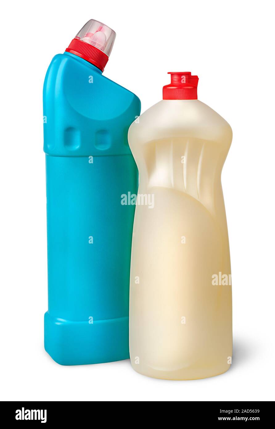 Deux bouteilles de plastique près de désinfectant Banque D'Images