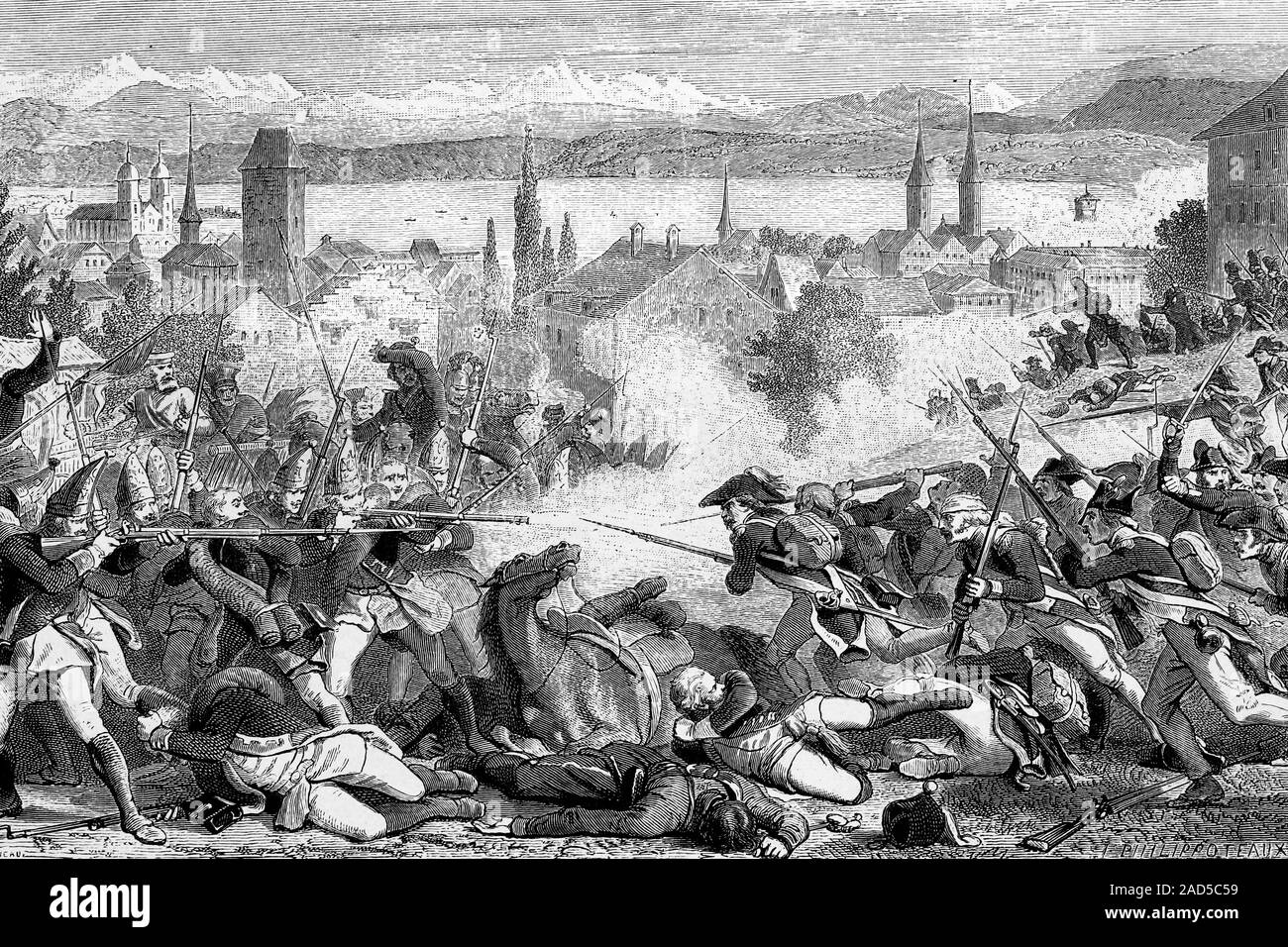 Bataille de Zurich, 4h-7e de juillet 1799. Illustration d'antiquités. 1890. Banque D'Images