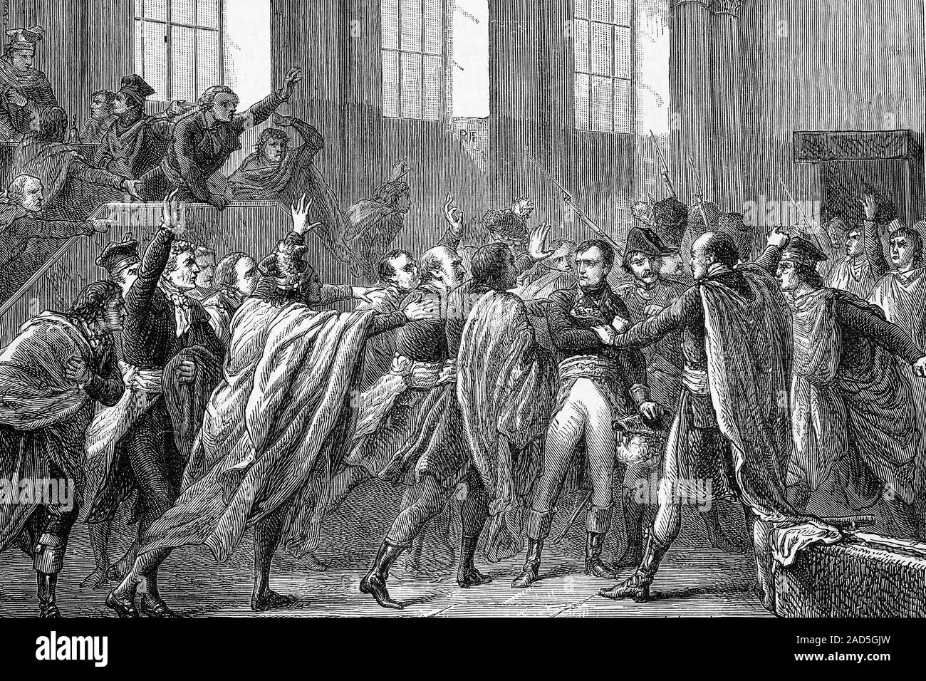 Général Napoléon Bonaparte entouré par les membres du Conseil des cinq cents pendant le 18 Brumaire coup d'Etat. 10 novembre 1799. Illu antique Banque D'Images