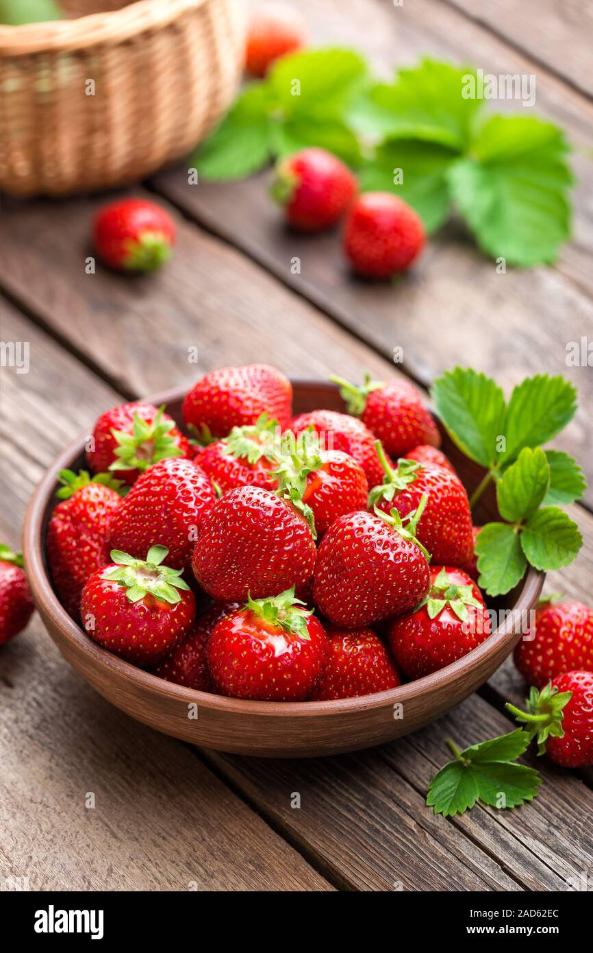 Des fraises juteuses avec des feuilles. La fraise. Banque D'Images