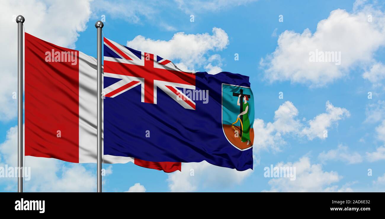 Le Pérou et Montserrat drapeaux dans le vent contre ciel bleu nuageux blanc ensemble. Concept de diplomatie, de relations internationales. Banque D'Images