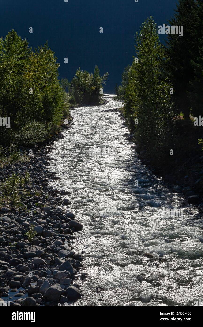 Carpenter Creek qui se jette dans le lac Slocan, New Denver, Slocan Valley, West Kootenay, Colombie-Britannique, Canada Banque D'Images