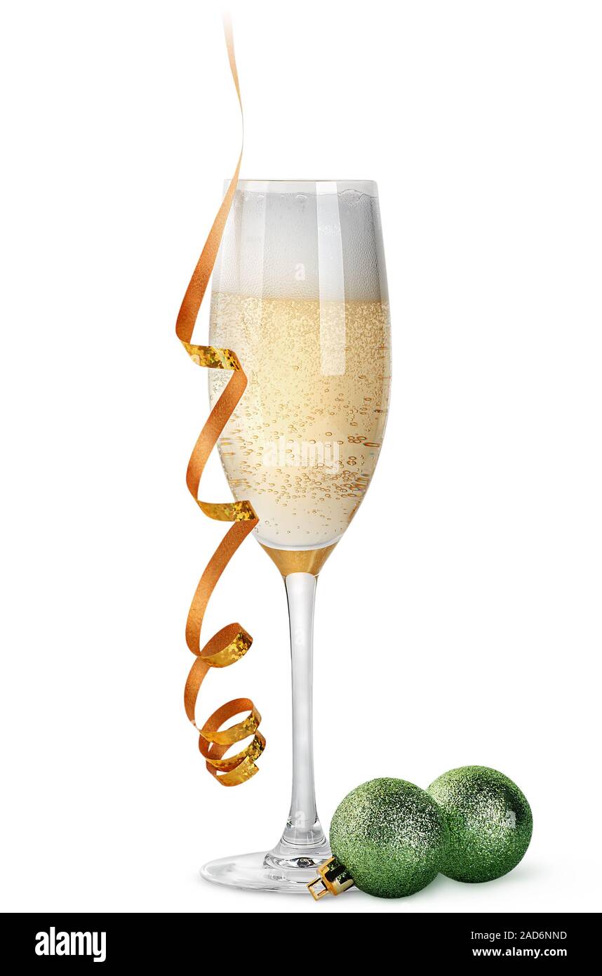 Verre de champagne et des boules de Noël Banque D'Images